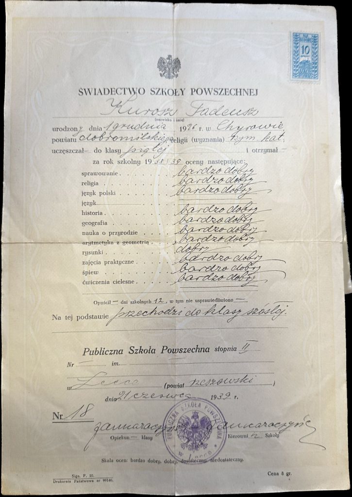 Back of Birth and Baptism Certificate for Tadeusz (Thaddeus) Kurosz