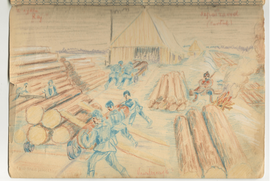 This image shows inmates working rolling logs watched over by a Soviet guard standing next to the fire.