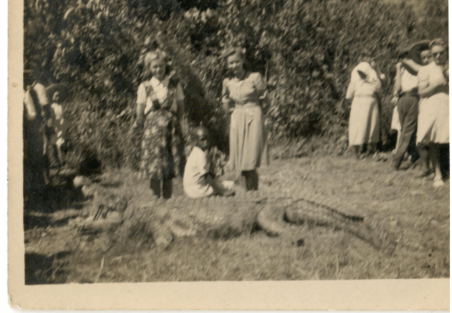 Polish Refugees in Koja, Uganda, with a crocodile.